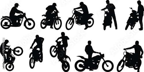 Silhouette of motorbike riders, various motorcycle poses, biker activities, stunt riding, urban motorcycling, black and white vector art, sports bikes, active lifestyle