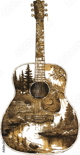 Acoustic Guitar with Scenic Art: A meticulously crafted acoustic guitar features a breathtaking landscape art that transports the viewer to a tranquil nature scene.