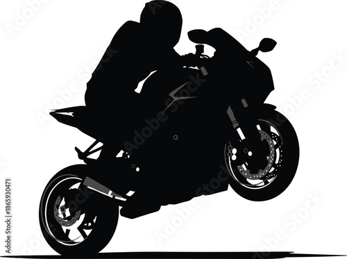 Silhouette of motorcyclist performing wheelie on sportbike, full speed action, extreme stunt riding, helmet safety, adrenaline motion concept, isolated on white background