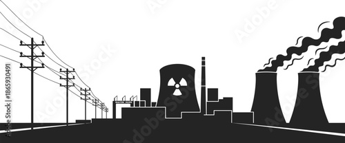 Silhouette of nuclear power plant with cooling towers, radioactive hazard sign, electric poles, pollution smoke, industrial energy, power generation, environment impact, safety concerns