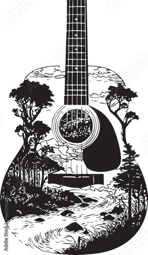 Acoustic Guitar Harmony: An acoustic guitar is creatively adorned with a nature-inspired design, featuring trees, a river, and a serene landscape, harmonizing music and nature.