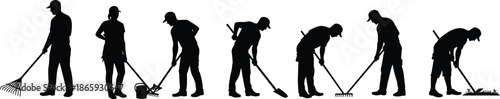 Silhouette of people working in garden with tools, raking, planting, digging, teamwork in agriculture, landscaping job, outdoor gardening vector, labor concept illustration.