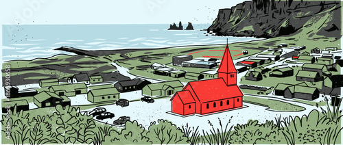 Striking red church stands prominently in a small coastal village nestled between dramatic cliffs and the ocean in a graphic, hand-drawn illustration style