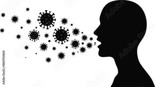 Silhouette of person spreading virus by air, coronavirus particles, airborne transmission, health risk, infection warning, pandemic concept, covid-19 disease vector illustration, danger symbol
