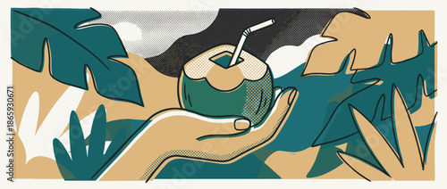 Hand holding a fresh green coconut drink with a straw is surrounded by tropical leaves in a modern graphic illustration with halftone textures