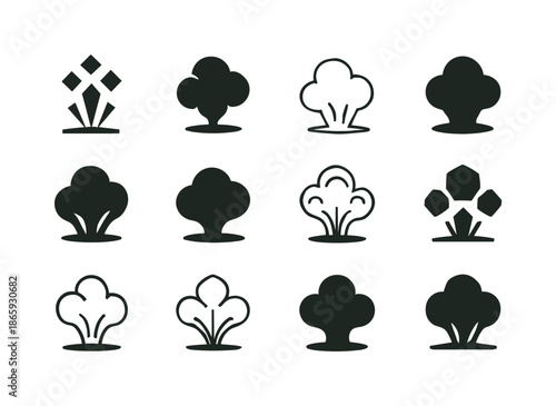 Dust Logo Variations. Dust. Icon set. Set Logo of Dust: dust puff rising from impact point. harmonious logo variations of the same emblematic concept, each