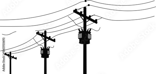 Silhouette of power poles with electric wires, black and white vector illustration, energy transmission lines, utility pole graphic art