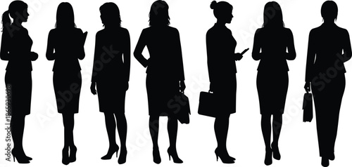 Silhouette of professional businesswomen standing in various poses, formal attire, office fashion, confident female figures, vector illustration on white background, corporate women concept