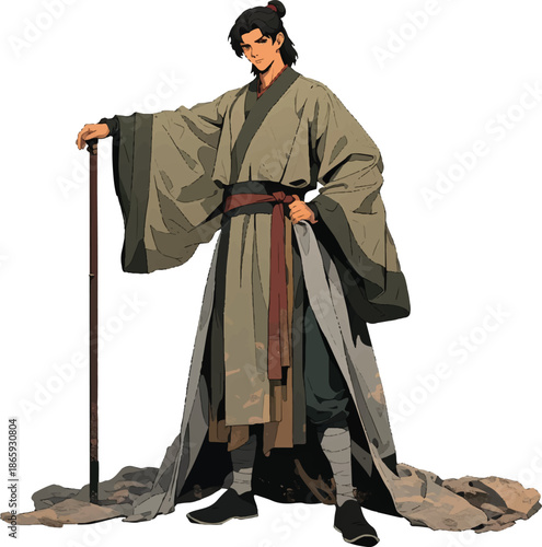 Ancient Scholar's Reverie: A figure in traditional attire stands with a staff, exuding an air of scholarly contemplation and cultural elegance, embodying a timeless aesthetic.