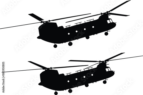 Silhouette of two military helicopters flying in formation, twin rotor aircraft, army aviation transport, isolated black vector illustration, defense aviation.