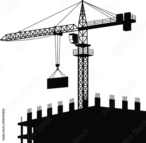 Silhouette of tower crane lifting load at construction site, building structure in progress, industrial development, engineering work, urban growth background.