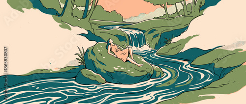 Serene woman in a peach dress rests peacefully on a mossy rock beside a flowing river and waterfall in a tranquil forest landscape, a graphic illustration style