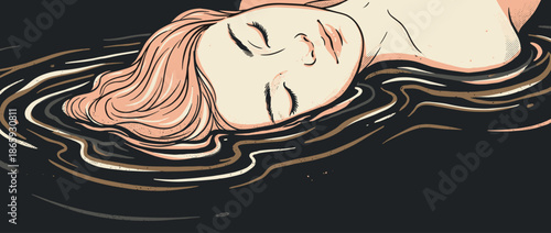 Serene illustrated woman's face with closed eyes and pink hair floating peacefully in dark, rippling water in a graphic, comic-style drawing with halftone details