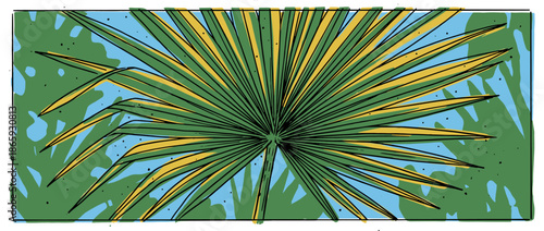 Stylized green and yellow palm frond illustration with bold black outlines in a graphic, hand-drawn style, evoking a vibrant, tropical, and summery atmosphere