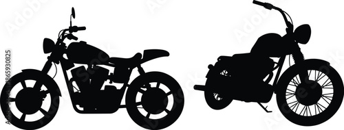 Silhouette of two vintage motorcycles, custom chopper style, retro bike design, black outline, biker culture, classic motorbike, isolated vector art