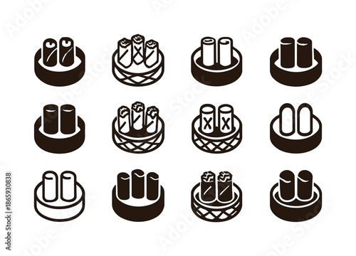 Seafood Roll Icon Set. Seafood spring rolls. Icon set. Set Logo of seafood spring rolls: roll in bamboo basket. harmonious logo variations of the