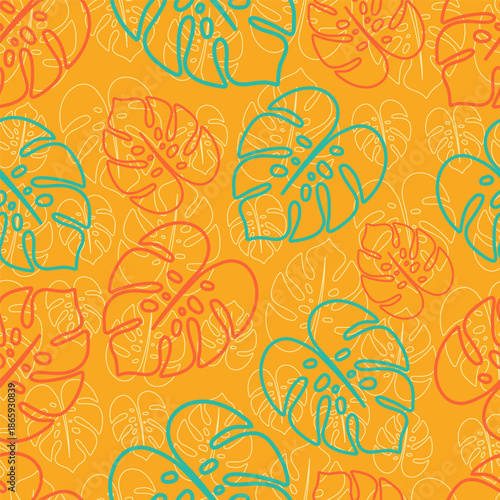 Lively botanical abstract pattern with outlined monstera leaves in vibrant colors, perfect for modern tropical designs
