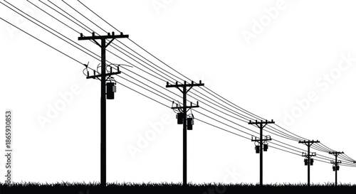 Silhouette of utility power poles with wires vector illustration, electric transmission lines over grass field, black and white drawing
