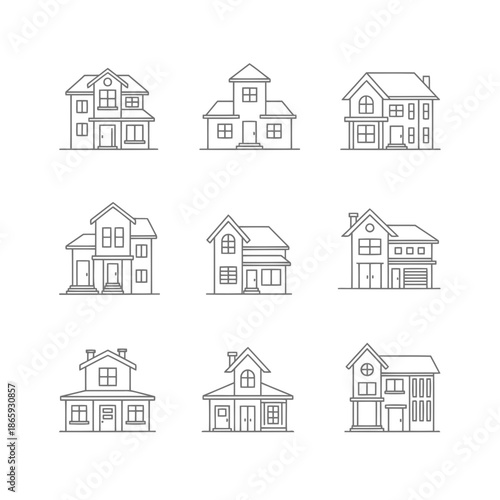 Set of nine different house designs with various architectural styles and features
