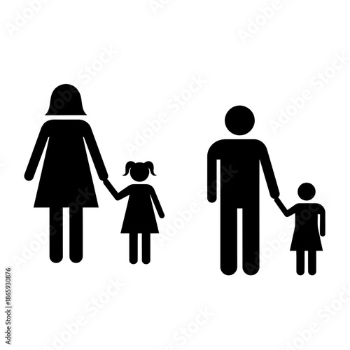 Family of four with parents and two children holding hands, black and white illustration