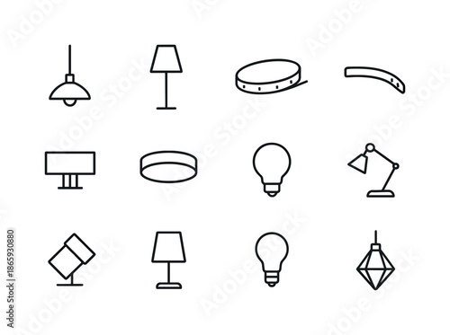 Minimalist Lighting Icons. Minimalist lighting. Line icon set of Minimalist lighting: pendant lamp, floor lamp, table lamp, LED strip, wall sconce, ceiling
