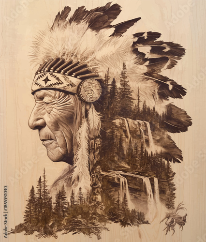 Native American Chief and Nature Fusion: A portrait of a wise Native American chief melds with a breathtaking wilderness scene, embodying the harmony between humanity and the natural world.