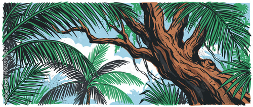 Lush green palm fronds and a gnarled brown tree trunk in a dense jungle, depicted in a bold comic book art style with graphic outlines and stipple shading