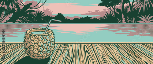 Pineapple cocktail with a straw sits on a wooden deck by a swimming pool in a tropical jungle resort, depicted in a serene, graphic illustration style with a limited color palette