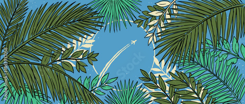 Graphic illustration of tropical foliage framing a flying airplane in a blue sky, evoking a sense of summer vacation and exotic adventure