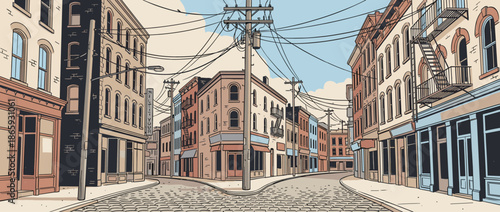 Forked cobblestone street illustration in an old city with historic brick buildings, fire escapes, and many tangled overhead power lines on a quiet day