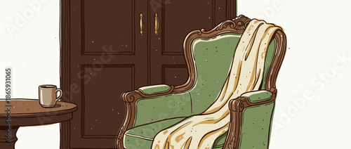 Vintage green armchair with a carved wooden frame and a cozy blanket draped over it sits next to a small table with a warm mug in a quiet, comfortable room illustration