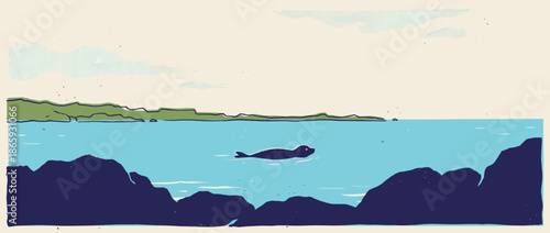 Minimalist illustrated seal swimming in calm blue water near a rocky shoreline, a serene and tranquil nature scene with a graphic, retro art style and halftone clouds
