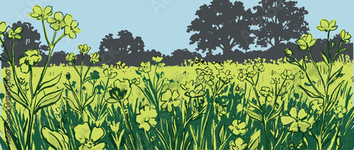 Graphic illustration of yellow wildflowers blooming in a lush green meadow with distant trees under a clear sky, rendered in a retro comic book style with halftone dots
