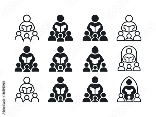 Reading Aloud Icons. Reading aloud to students. Icon set. Set Logo of Reading aloud to students: classroom storytelling scene. harmonious logo variations of