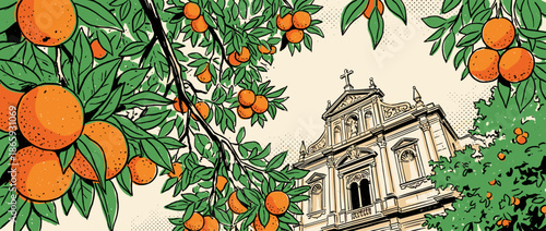 Lush orange tree branches with ripe fruit frame an old baroque style church in a sunny scene, a hand-drawn illustration with a vintage comic book aesthetic and halftone details