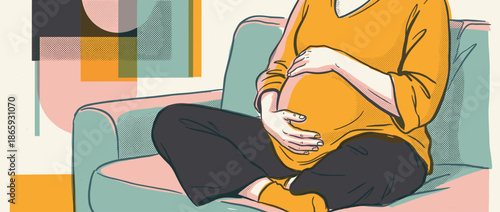 Pregnant woman in a yellow shirt sits cross-legged on a sofa, gently holding her large belly in a calm moment of expectation, depicted in a modern graphic illustration style