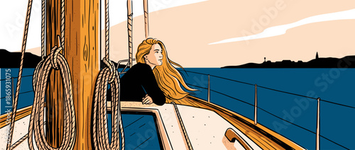 Illustrated young woman with long blonde hair sits pensively on the deck of a wooden sailboat, looking out at the calm blue sea towards a distant shoreline in a graphic novel style