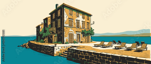 Illustrated old stone house on a pier by the sea with empty sun loungers, depicted in a vintage graphic novel style with a serene and nostalgic summer holiday mood