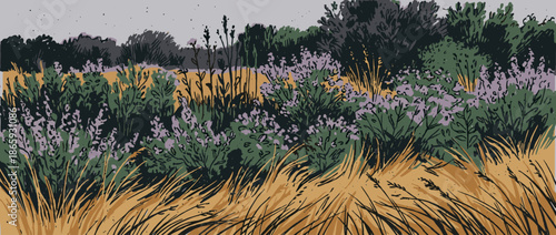 Hand-drawn landscape illustration of a wild meadow with purple heather flowers, golden grass, and lush green bushes in a rustic, graphic style with a calm, serene atmosphere