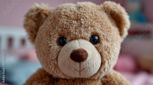 A cute teddy bear in a cozy child's bedroom setting.