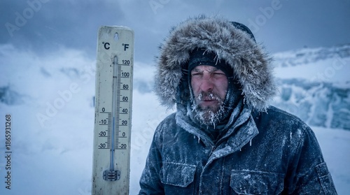 Adult man squinting in extreme winter cold beside an outdoor thermometer in a snowy landscape, survival and climate concept with freezing temperature and frostbite risk