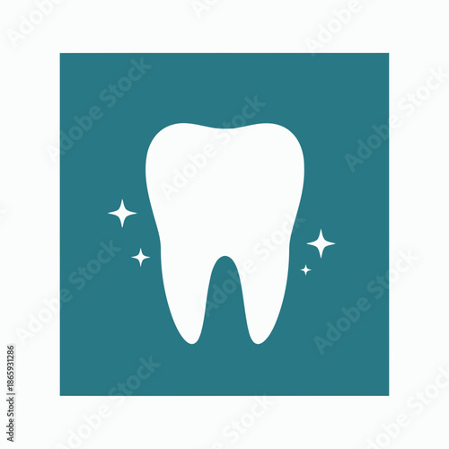 White tooth icon with sparkles on teal background