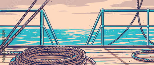 Boat deck with a coiled rope and metal railing overlooking a calm blue sea, depicted in a retro comic book illustration style with a limited color palette and halftone textures