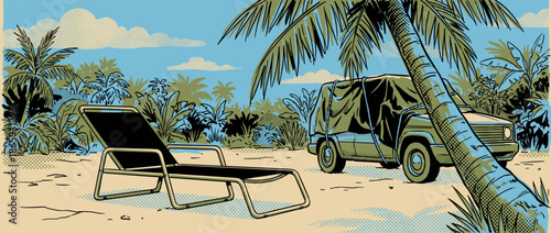 Black sun lounger and green off-road vehicle on a tropical beach in a retro comic book illustration style with halftone patterns and bold outlines