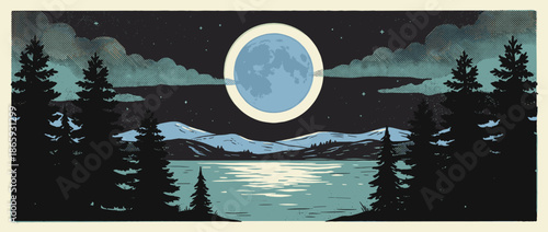 Stylized night landscape illustration with a large full moon over a tranquil lake, distant mountains, and a pine forest in a retro graphic print style with halftone textures