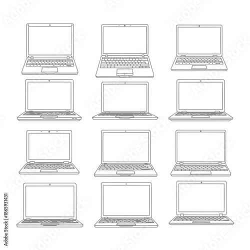 Set of twelve different laptop designs in black and white line art style