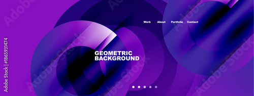 Abstract purple layers create dynamic background. Text displays geometric background, navigation options present. Modern design.