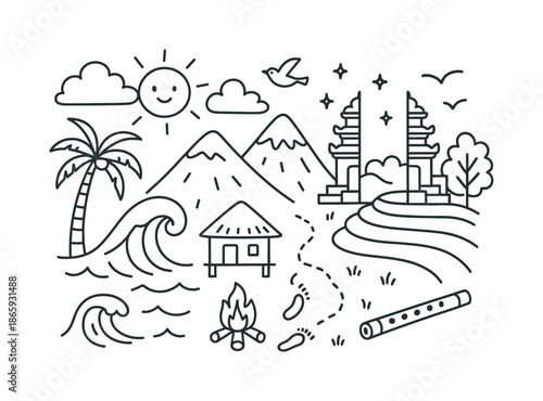 Nature Culture Fusion. Nature and culture blend. Hand-drawn doodle illustration nature and culture blend mountain, ocean wave, palm tree, village hut, rice