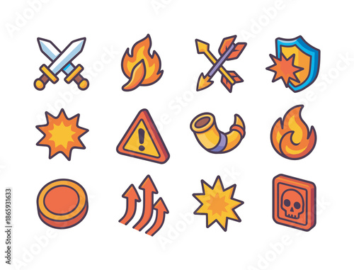 Colorful Combat Icons. Combat symbols. Colorful isometric vector icons set of combat symbols: crossed weapons, flaming blade icon, broken arrow emblem, shield