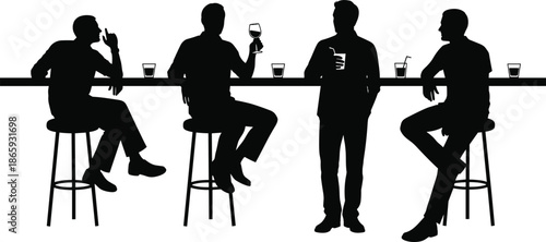 Men drinking at bar silhouette illustration showing friends socializing with alcohol glasses seated and standing at counter isolated on white